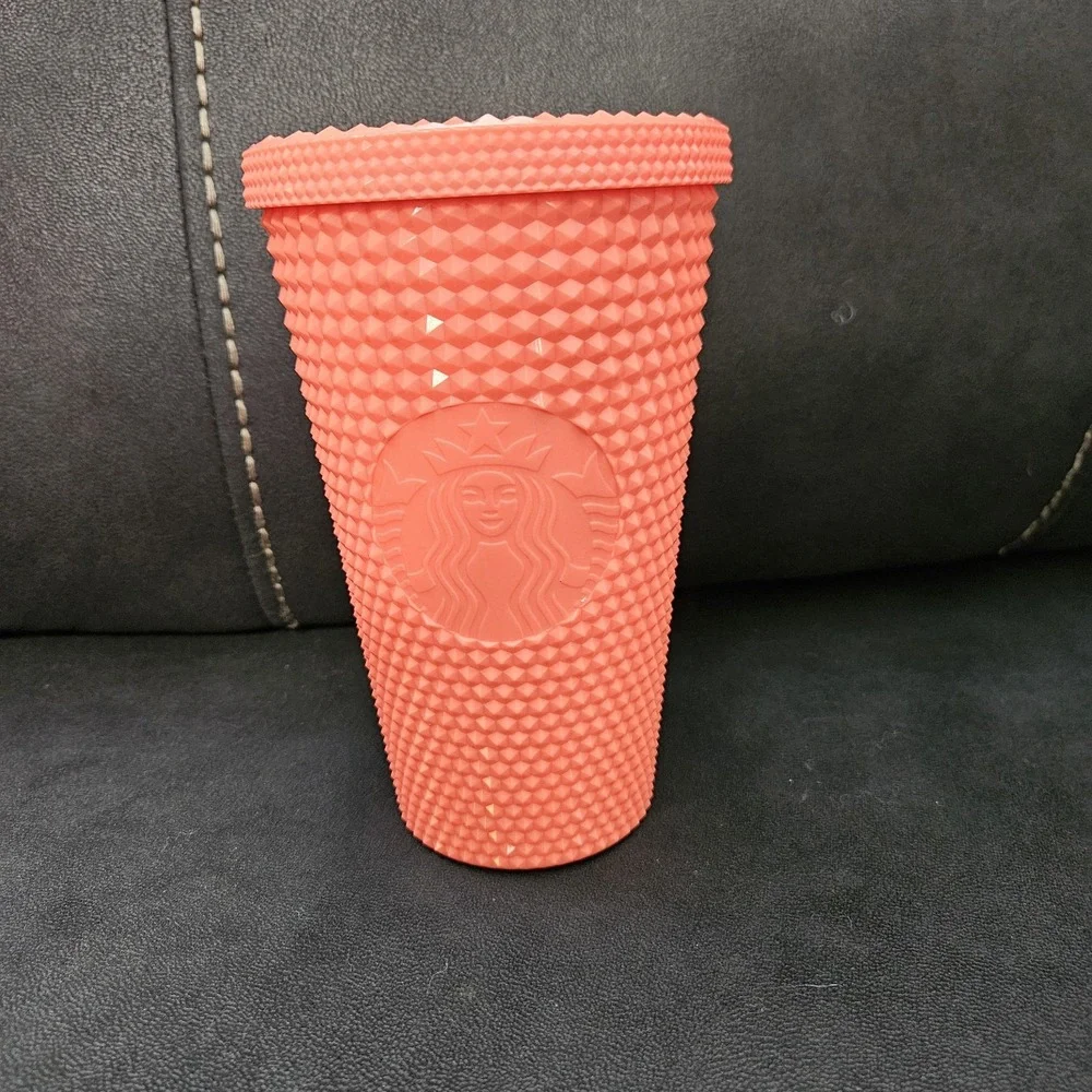 Starbucks Coral Salmon Pink Studded Grid Tumbler Cold Cup 16 oz (No Straw)